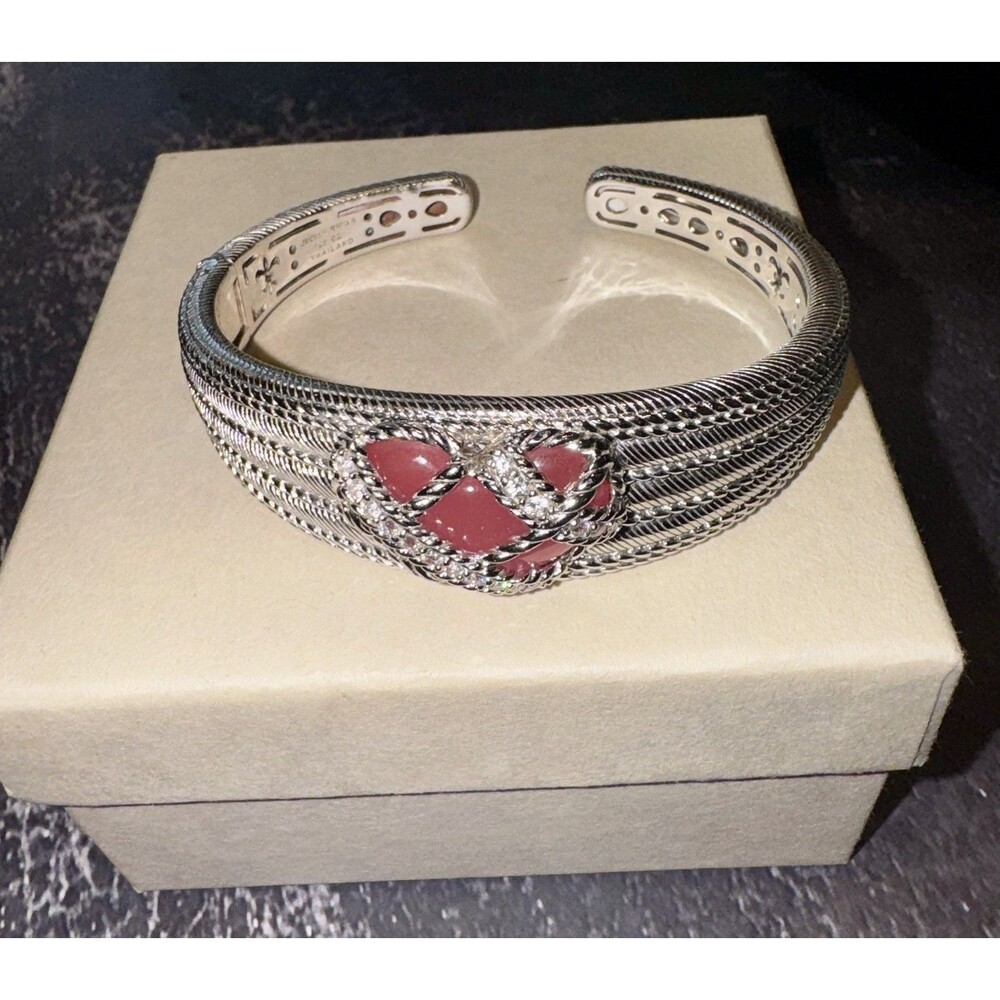 Judith Ripka Caged Rose Quartz Pink Heart Shaped Diamonique Bangle Cuff EUC